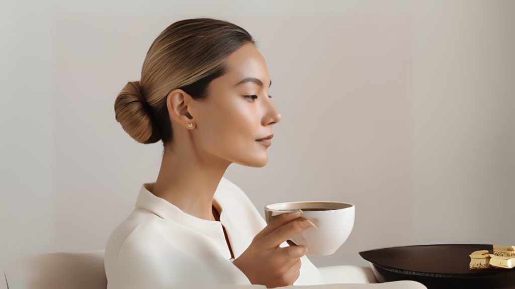 Low Bun Elegan wanita minum kopi