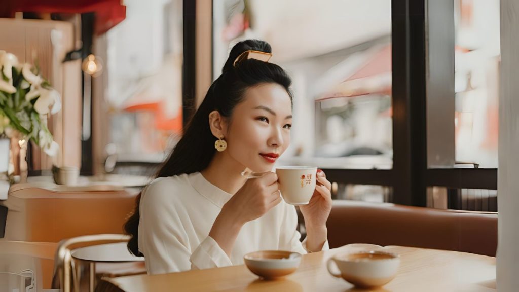 wanita minum kopi dengan akses jepit rambut