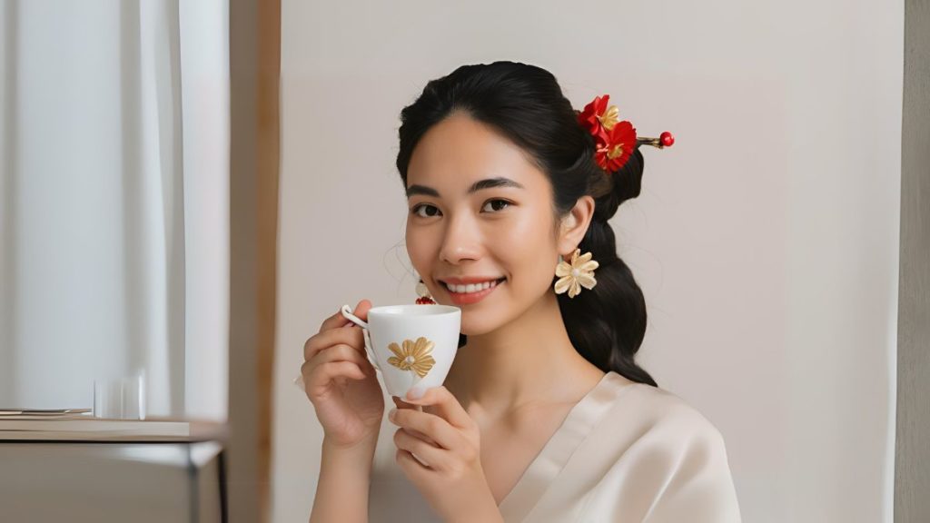 wanita minum kopi dengan rambut stylish