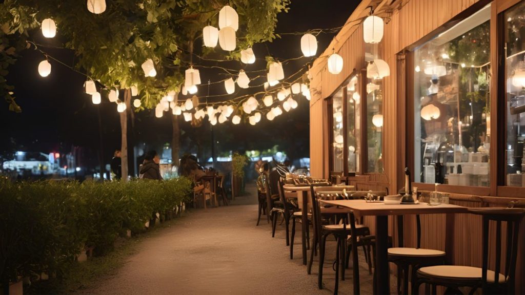 desain kafe outdoor Pencahayaan yang Menarik
