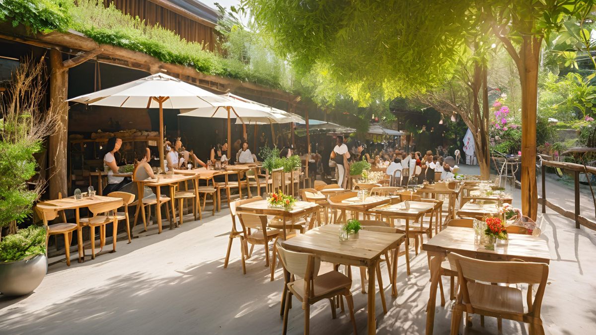 desain kafe outdoor Penggunaan Material Alami dan Ramah Lingkungan
