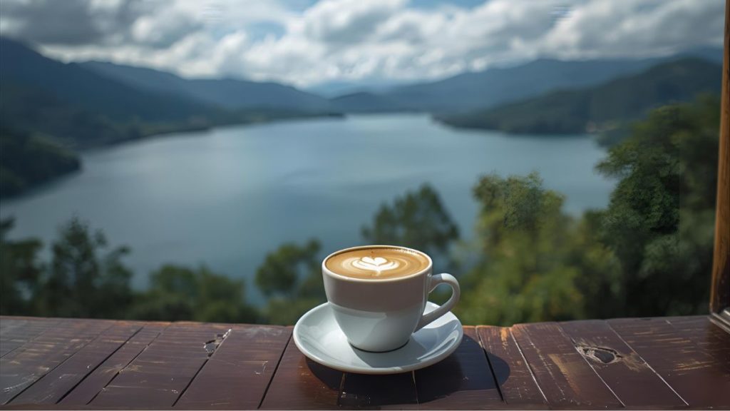 secangkir latte dengan pemandangan danau toba