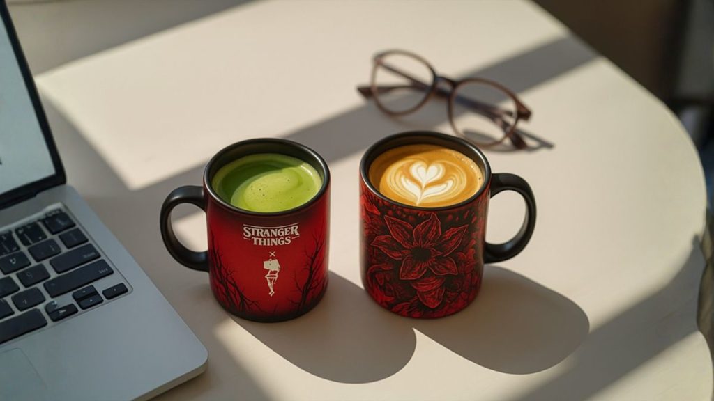 matcha dan kopi di cangkir stranger things