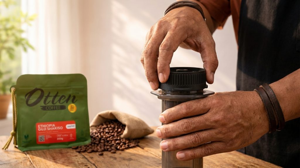 AeroPress Filter Cap dan kopi ethiopia dipasang