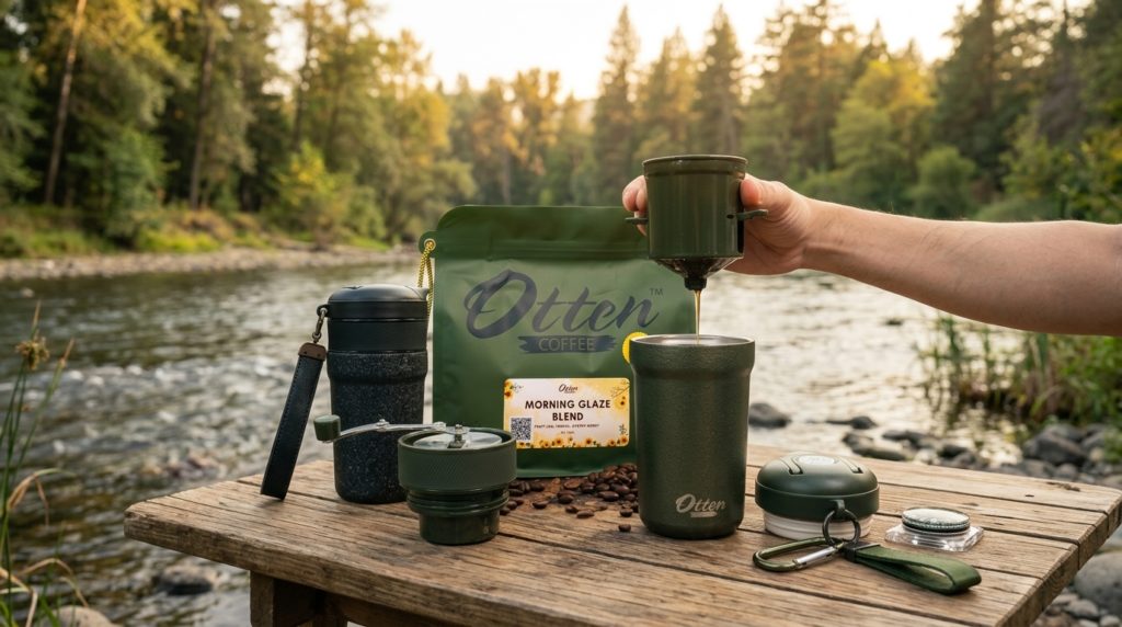 bikin kopi di sungai dengan alat kopi portabel otten