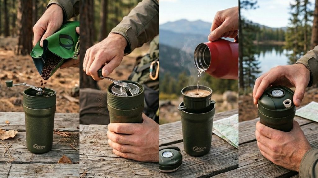 langkah menyeduh kopi di alam dengan alat kopi portabel otten