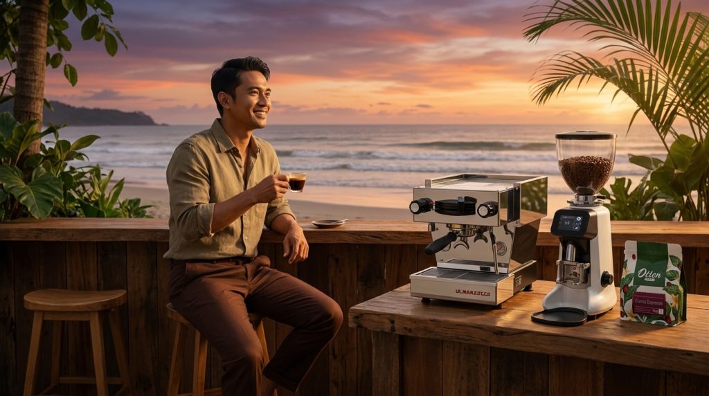 setup coffee bar di cafe pantai