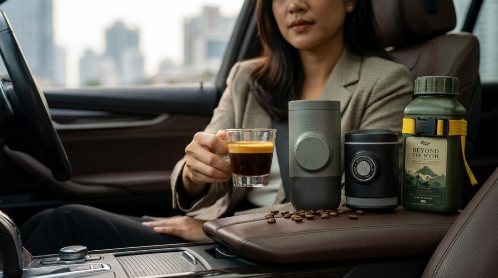 kopi saat road trip di dashboard mobil