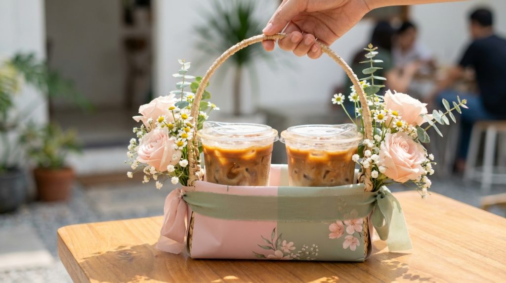 bucket kopi dan bunga