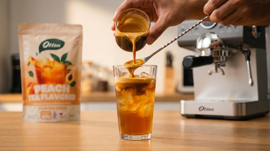 cara membuat ashotchu espresso peach menuangkan espresso