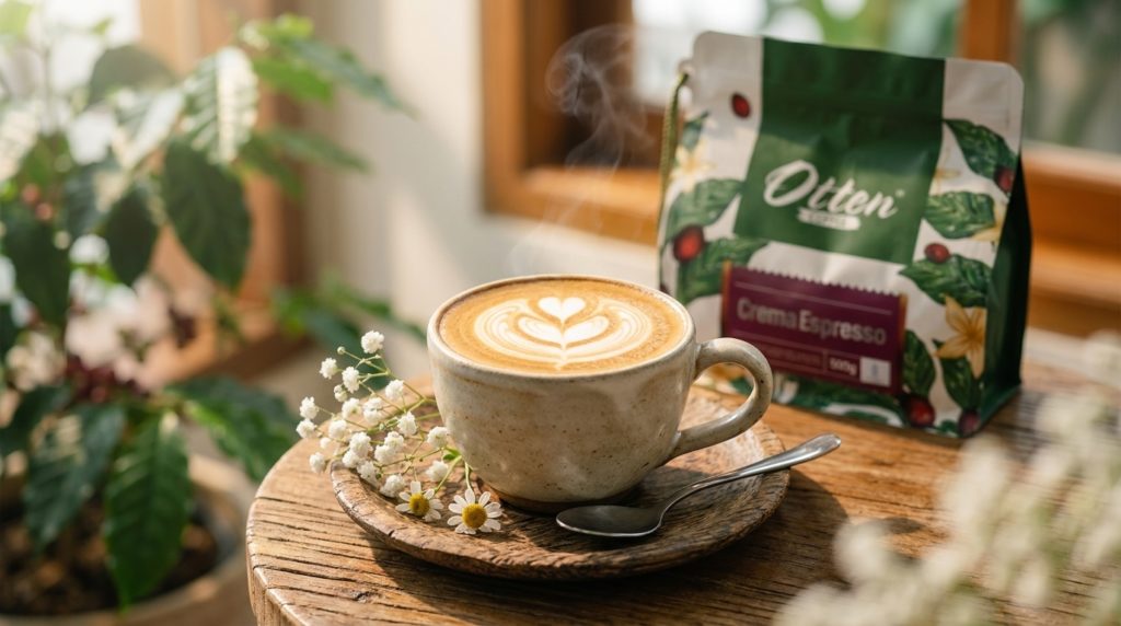 secangkir kopi dan bunga dan otten crema espresso
