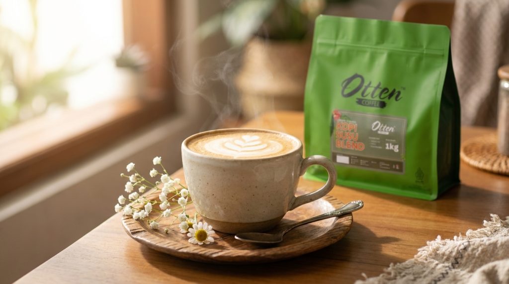 secangkir kopi dan bunga dan otten kopi susu blend